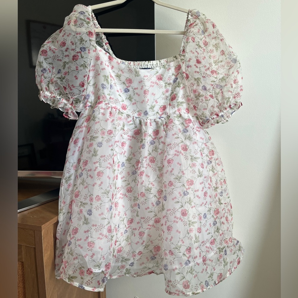 NWT Blue Rain Floral Bubble Sleeve Poof Short Dress